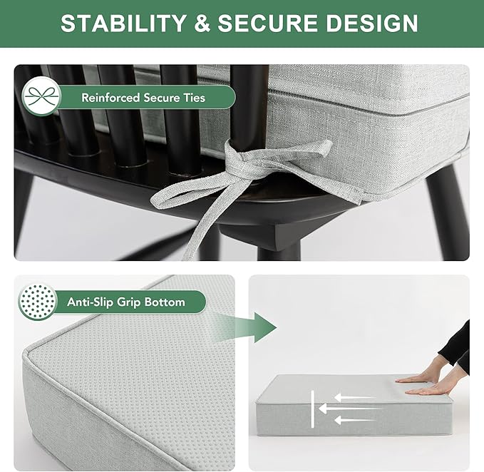 Summsun Patio Cushions for Outdoor Furniture, Faux Linen Water Resistant Backrest and Seat Cushion Set with Non-Slip Bottom, Straps, Removable Cover, 19 x 19 Inch, Light Grey