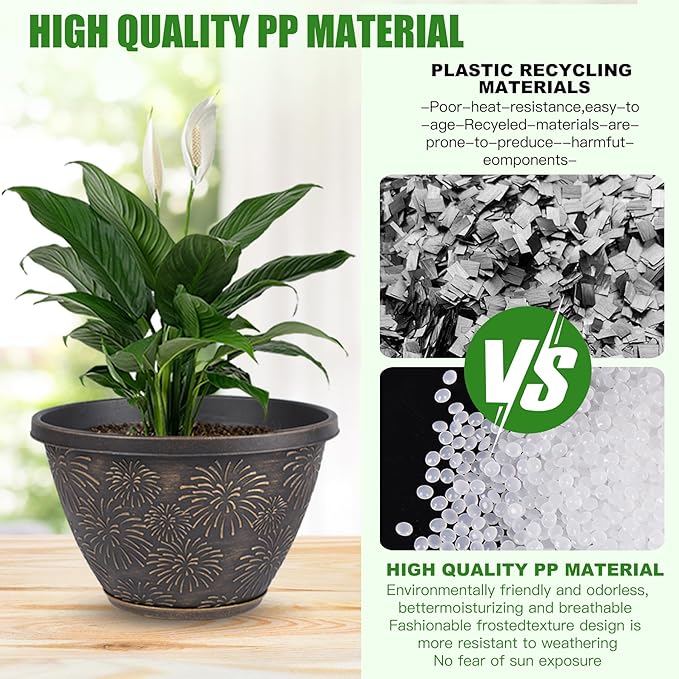 Nooulap 6 Pack 8 inch Plant Pots, Retro Firework Embossed Flower Pots with Drainage Holes and Saucer, Durable Plastic Plant Pots for Indoor Outdoor Gardening and Home Decoration