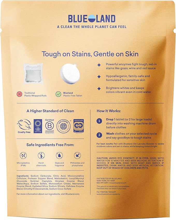 BLUELAND Laundry Detergent Tablets, 120 Count, Spring Bloom Scent, Plastic-Free Eco-Friendly Pods, Sheets, Liquid Alternative - Safe for Sensitive Skin, Gentle