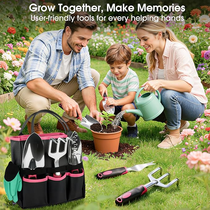 WOWBOX Garden Tools Set - 10 PCS, Heavy Duty Gardening Hand Tools Kit with Storage Tote, Rust-Resistant Gardening Supplies for Planting with Non-Slip Ergonomic Handle for Women and Men (Red)