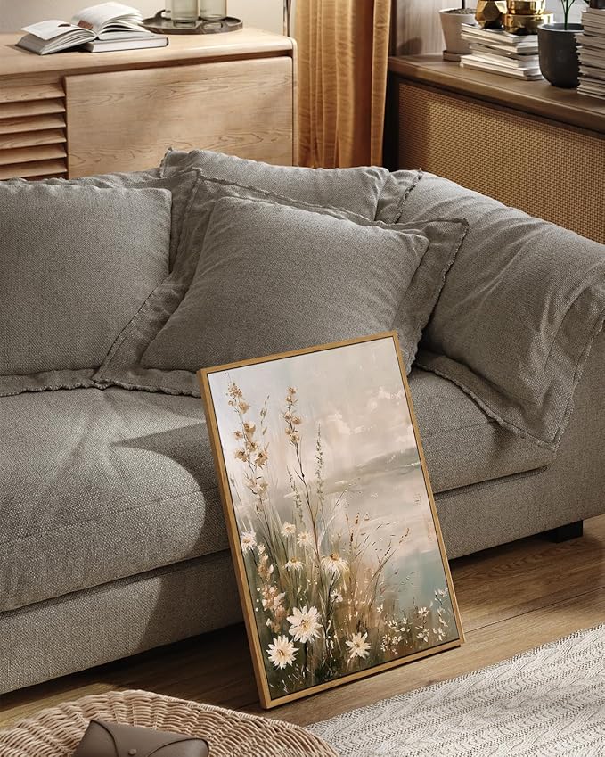 InSimSea Framed Canvas Wall Art Vintage Decor, Wildflowers Landscape Pictures Bathroom Wall Decor Aesthetic, Living Room Bedroom Flower Nature Home Decorations, 16x24inch