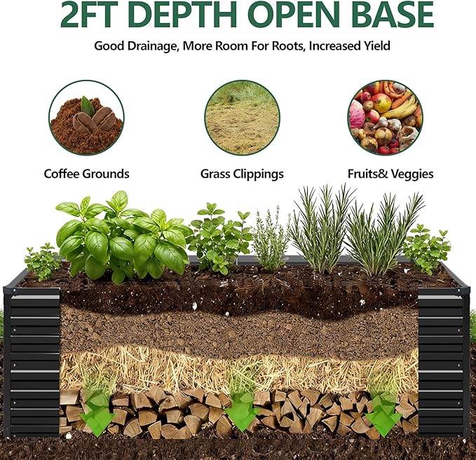 Vengarus 12x2x2FT Galvanized Raised Garden Bed Kit, Deep Root Planter Box Outdoor Large Planter Raised Beds for Planting Flowers,Vegetables and Herbs-Black