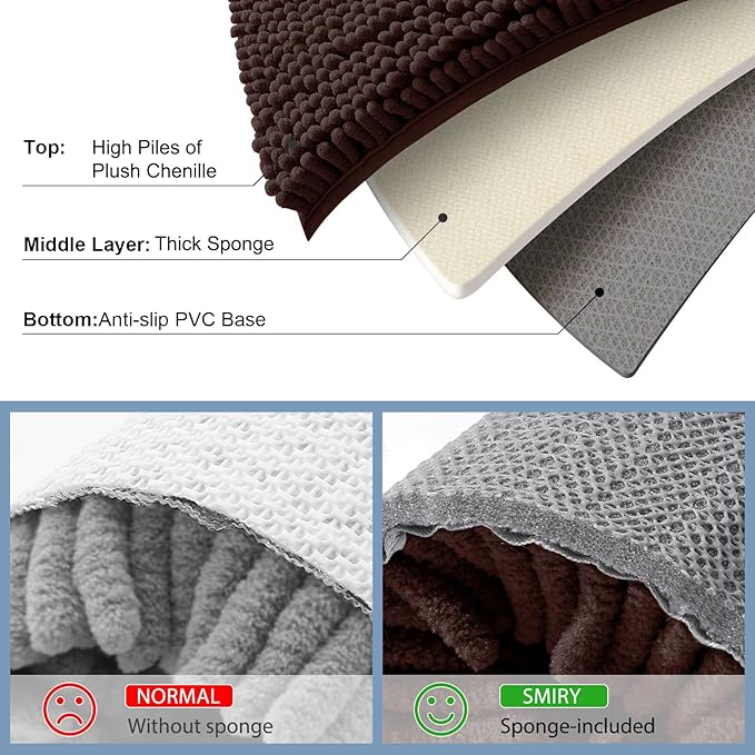 Smiry Luxury Chenille Bathroom Rugs 45x27, Extra Soft and Absorbent Shaggy Bath Mat, Machine Washable, Non-Slip Plush Carpet Runner for Tub, Shower, and Floor, Home Decor Accessories, Brown