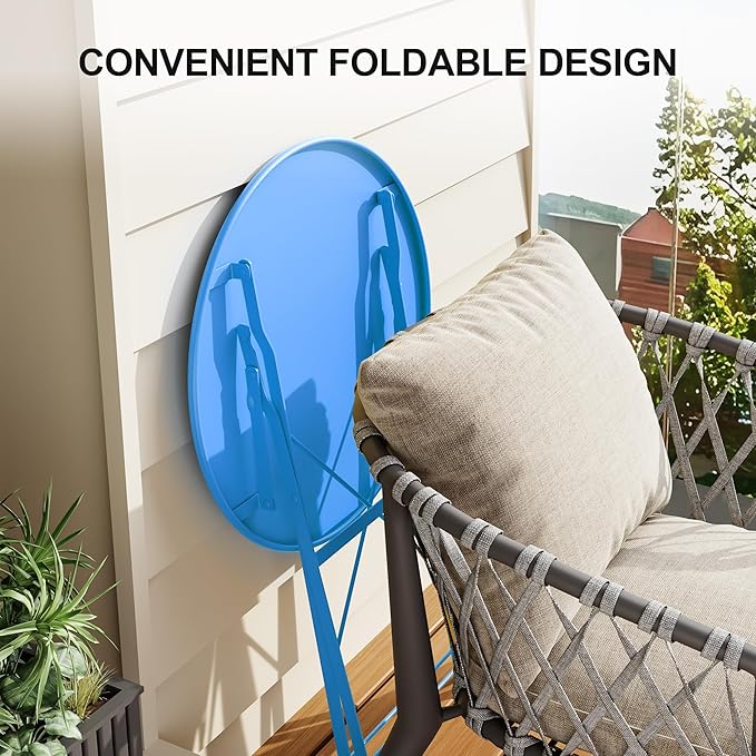 Premium Steel Frame Patio Bistro Set, 3-Piece Outdoor Folding Table and Chairs, Weather Resistant Conversation Sets of 2, Space Saving Patio Furniture for Backyard Balcony Porch Garden, Blue