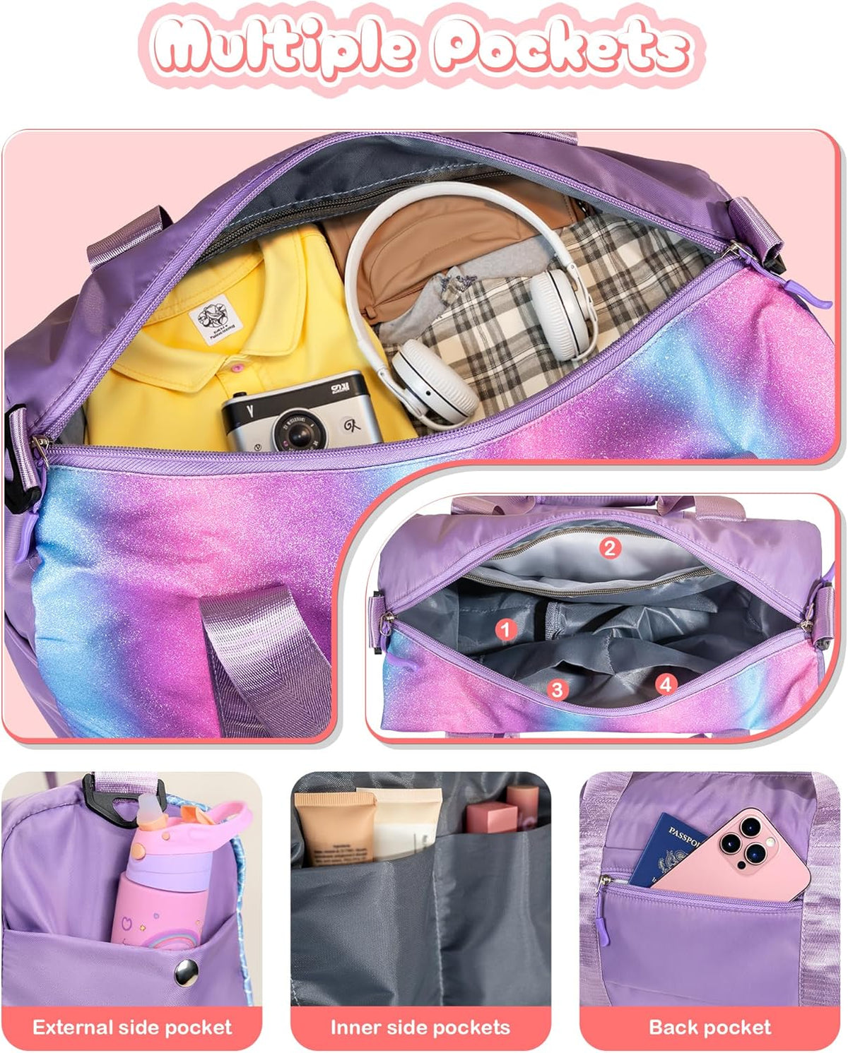 Skiennix Personalized Gym Bag for Girls - Stylish Weekender with Shoe Compartment & Makeup Pouch | Ages 4-11 (Letter A)
