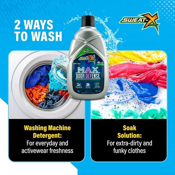 SWEAT X Max Odor Defense Laundry Detergent Liquid - Natural Washing Detergent for Activewear & Gym Clothes - Laundry Detergent for Sensitive Skin - Concentrated Detergent, 45 Loads/Bottle (4 Bottles)