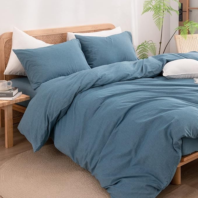 BESTOUCH Duvet Cover Set 100% Washed Cotton Linen Feel Super Soft Comfortable Chic Lightweight 3 PCs Home Bedding Set Solid Dark Blue Queen