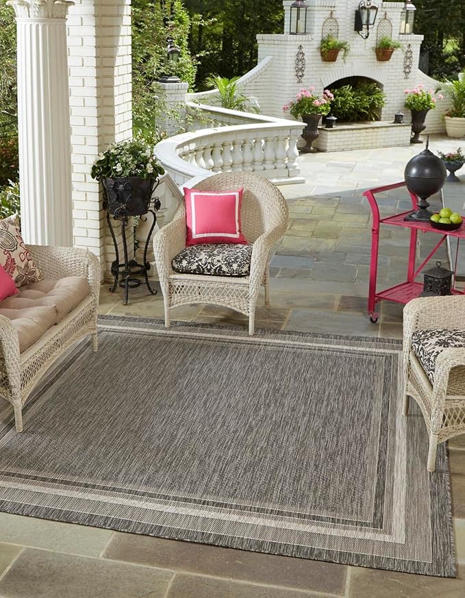 Unique Loom Outdoor Border Collection Area Rug - Soft Border (10' Square Black/Ivory)