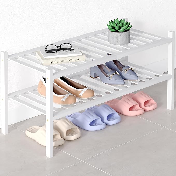 Smiry Bamboo Shoe Rack for Closet, 2 Tier Wooden Stackable Shoe Organizer, Free Standing Shoes Storage Shelf for Entryway, Front Door Entrance, White