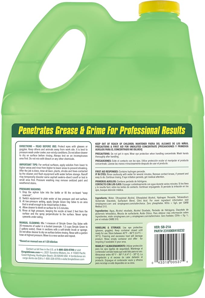 Oxy Solve House and Siding Pressure Washer Cleaner - Removes Stains from Mold & Mildew on Vinyl, Aluminum, Wood, Brick, Stucco - Concentrate 1 Gal.