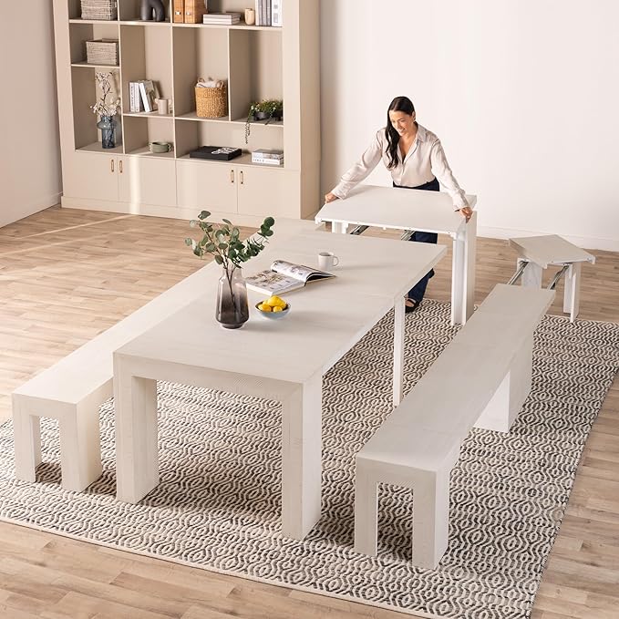 Transformer Table - Solid Wood Extendable Dining Table, Seats 2-12, Expandable Dining Room Table, Space-Saving Furniture, Kitchen and Dining Room Furniture (White, Table + 2 Benches)