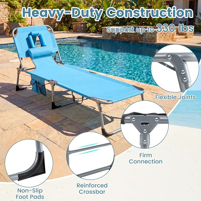 Goplus Tanning Chair, Folding Adjustable Patio Lounge Chair with Face Hole, Removable Pillow, 330LBS, Carry Strap, Outdoor Sunbathing Chair, Lightweight Portable Beach Lounge Chair (1, Navy)