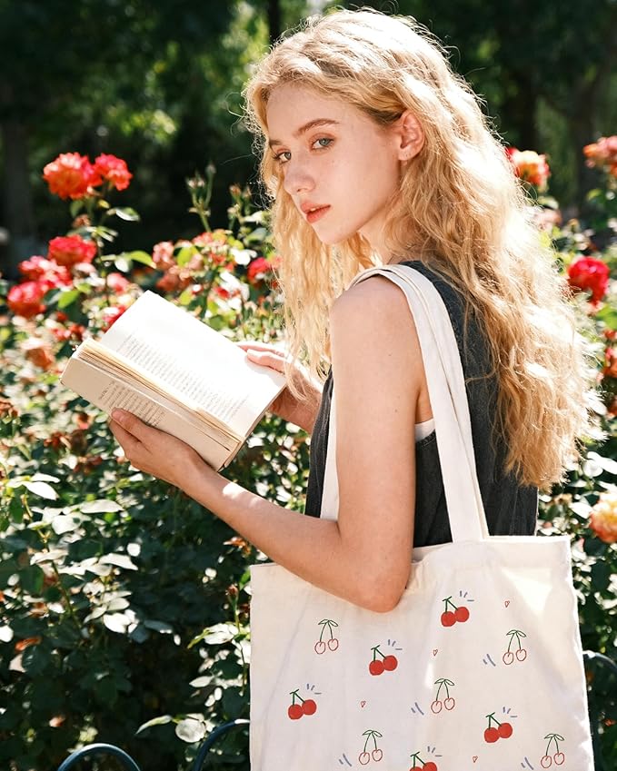 Canvas Tote Bag with Aesthetic Prints, Cute Tote Bag for Women Girls with Wide Strap, Gifts for Cat Book Lovers