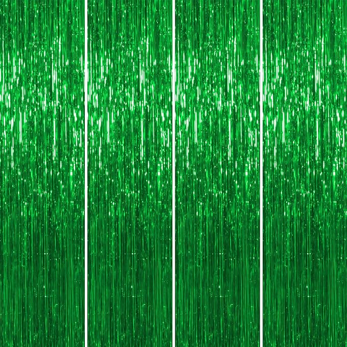 Thicken Green Streamers 4 Pack 3.2 x 8.2 FT, Tinsel Backdrop Curtains, Foil Fringe Photo Backdrop for Birthday, Dinosaur, Football, Jungle, Christmas, Golf Party Decorations