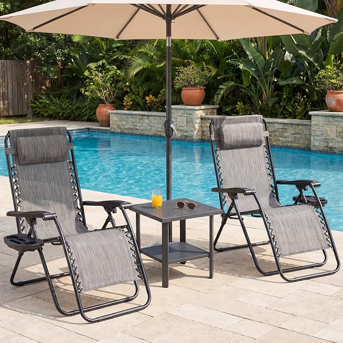 NEWBULIG Zero Gravity Chairs Set of 2, Lounge Chair Folding Portable Adjustable Camping Recliner with Adjustable Pollow, Mesh Back, Cup Holder Trays Lawn Patio Chair for Pool Beach