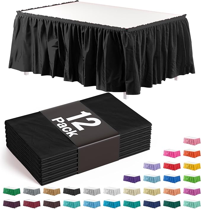 Exquisite Ruffle Table Skirt Black Pack Of 12, 14 Ft Long Table Skirts for Rectangle Tables 6ft Plus or Round Tables Skirts with Adhesive Strip for Gender Reveal Decor & Happy Birthday Parties