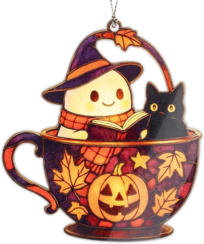 Cute Ghost Halloween Ornament – halloween ornament – ghost gifts – black cat decor – holiday ornament – Suncatcher effect window hanging – Car Hanging