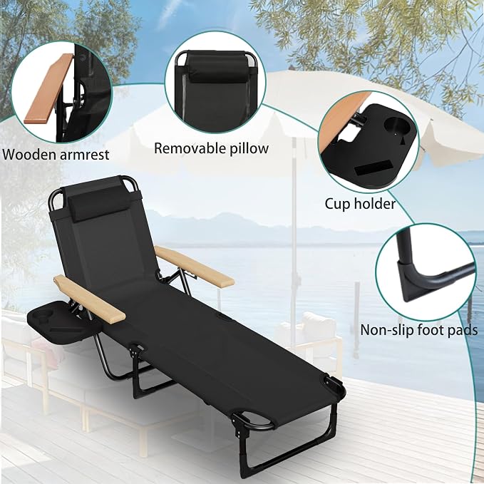 Foldable Chaise Lounge Chair Outdoor, 4-Position Reclining Outdoor Lounge Chairs with Wooden Armrest, Folding Sun Lounger with Removable Pillow for Garden Beach Patio Camp (Gray)