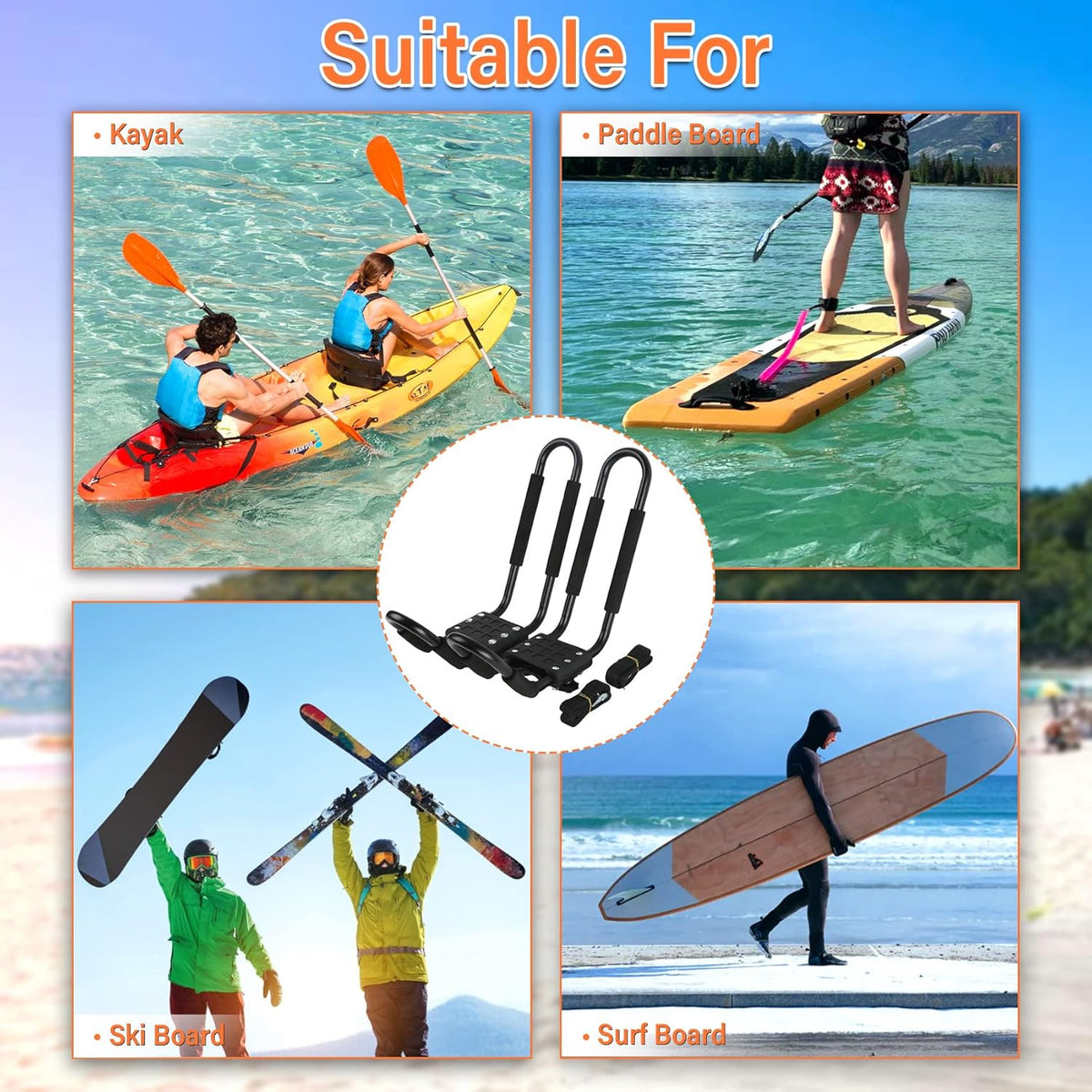 PIRIPARA Kayak Roof Rack - J-Bar Carrier Holder for Canoes & Surf Skis | Set of 4 for SUVs & Trucks