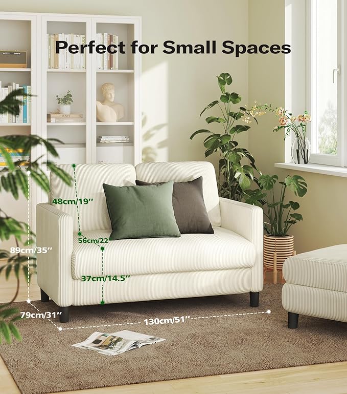 Loveseat Sofa, 51" Love Seat, Comfy Corduroy Small Loveseat for Small Spaces, Tool-Free Setup Couch for Bedroom, All-Wood Couches for Living Room, No Pillow Included, Beige