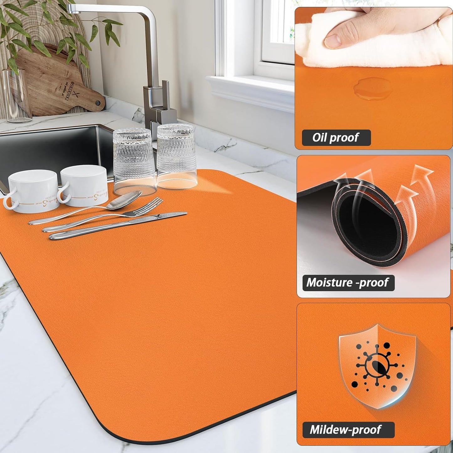 Dish Drying Mat for Kitchen Counter, Heat Resistant Drainer Mats with Non-slip Rubber Backed, Hide Stain Kitchen Super Absorbent Draining Mat, Easy to Clean Dish Rack Pad, Orange 18"x28"