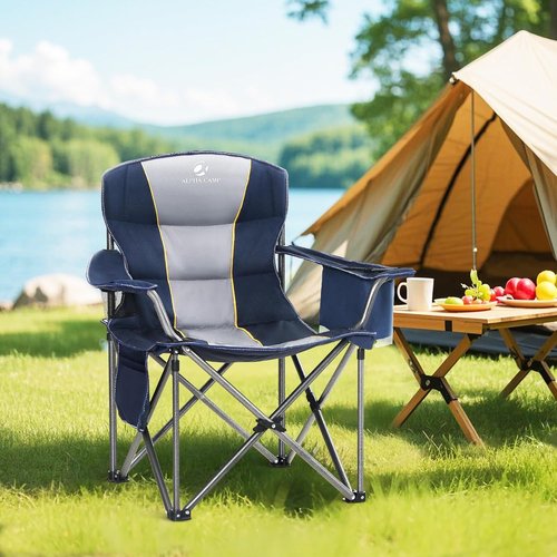 High Point Sports Oversized Portable Camping Chair - Heavy Duty, 450 LBS Support, 2 Pack, Blue | Includes Cup Holder & Cooler Bag