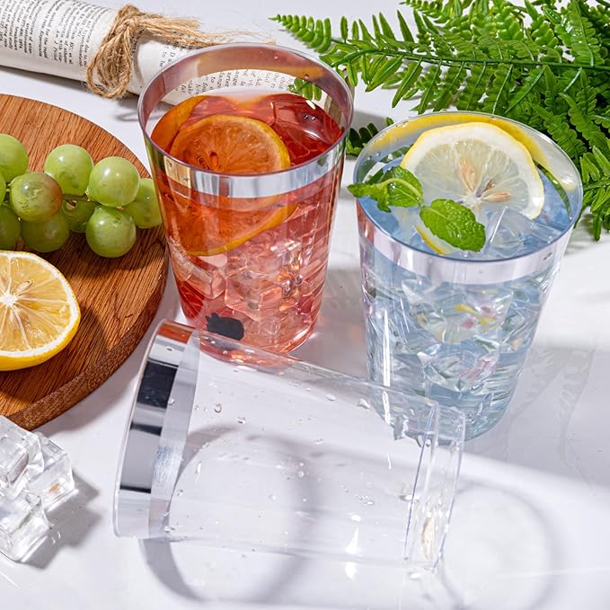 I00000 200 Pack 12 oz Silver Plastic Cups, Silver Rimmed Disposable Cups, Plastic Party Wine Glasses Cocktail Glasses Heavy Duty Cups with Silver Rim, 12 Ounce Tumblers For Party