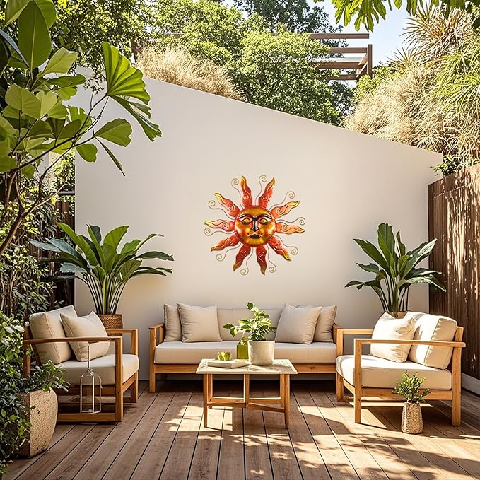 Outdoor Metal Wall Art Metal Sun Wall Art Decor 26 inch Large Outdoor Wall Art Hanging Decoration for Graden 3D Sun Face for Living Room Garden Yard Patio(Thread)