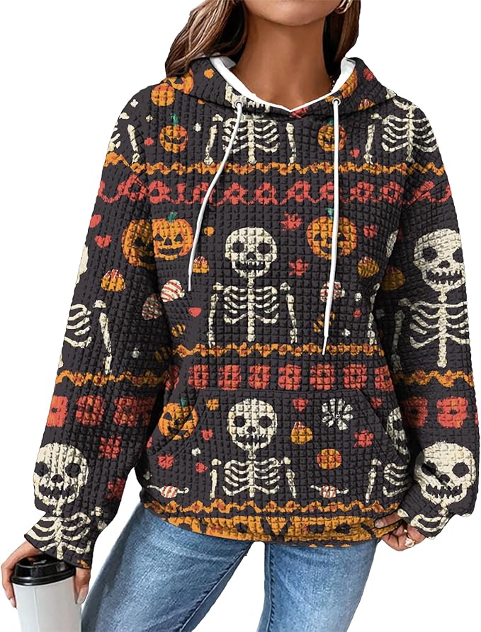 Halloween Sweatshirts for Women Novelty Graphic Drawstring Waffle Hoodies Loose Casual Pullover Tops with Pocket