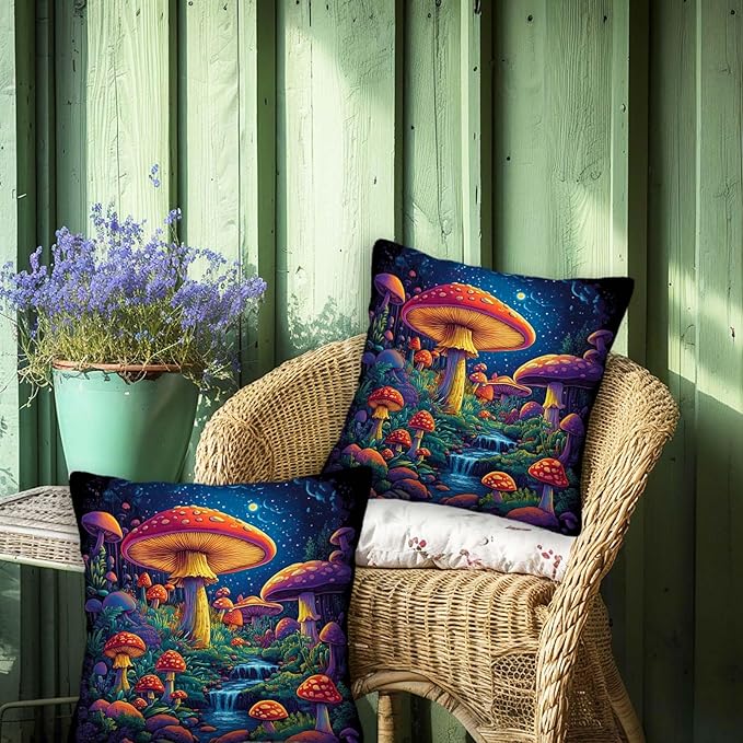 Mushroom Throw Pillow Covers Set of 2,18x18 Inches, Cushion Cases for Couch and Sofa, Zipper Closure, Vintage Home Decor for Living Room and Bed Room