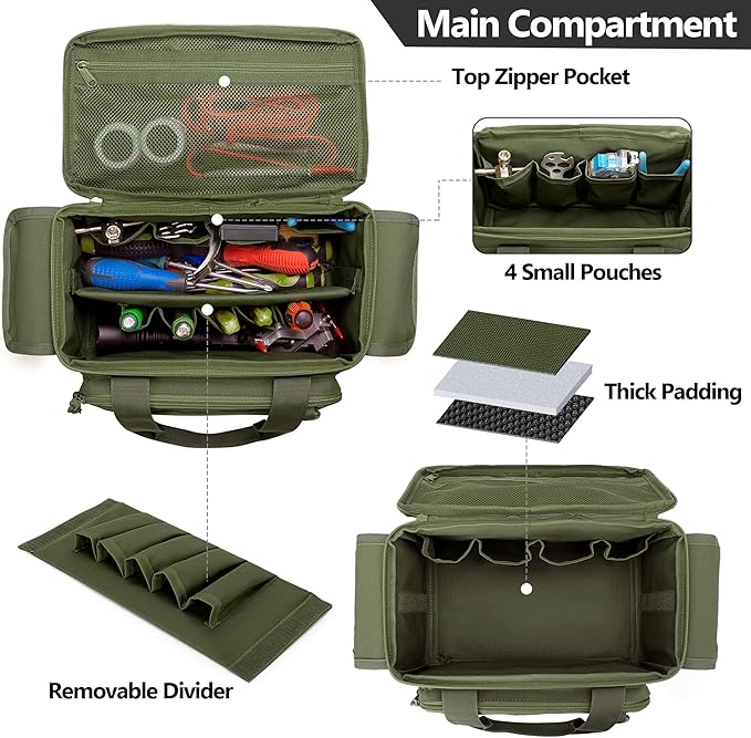 Rexmica Small Tool Bag with Anti-friction and Thick Padded Bottom, Tool Storage Organizer for Men, Tactical Range Bag, Multi-functional Work Bag for Repairman, Electrician, Carpenters (Green)