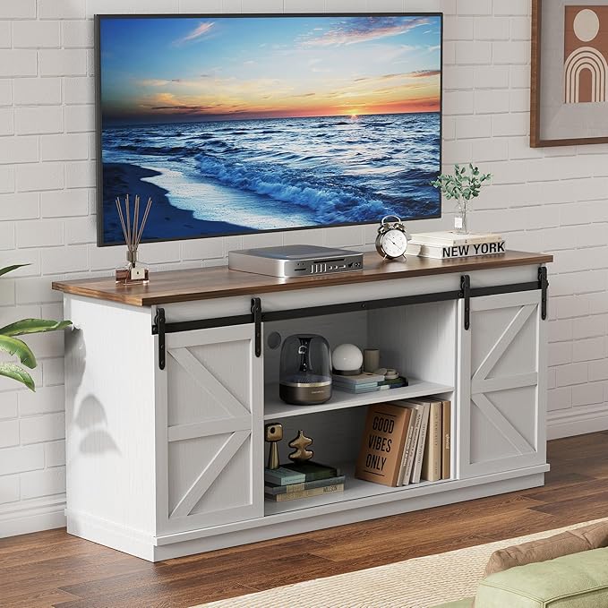YESHOMY Farmhouse TV Stand for Televisions up to 65 Inches, Sliding Barn Doors and Storage Cabinets, Console Table and Media Furniture for Living Room, 58 Inch, White