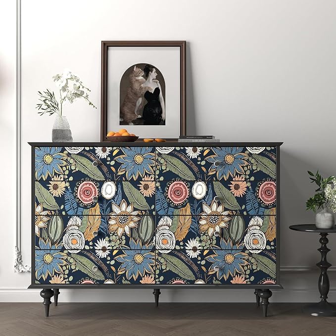 Blue Boho Wallpaper Peel and Stick, Vintage Floral Contact Paper 17.5" x 393.7"