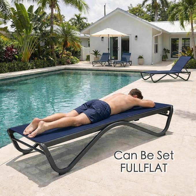 Kozyard Outdoor Chaise Lounge Chair, All Aluminum Frame and Textilene Fabric, Fully Flat Adjustable Reclining Patio Lounger for Poolside, Sunbathing & Backyard (NavyBlue)