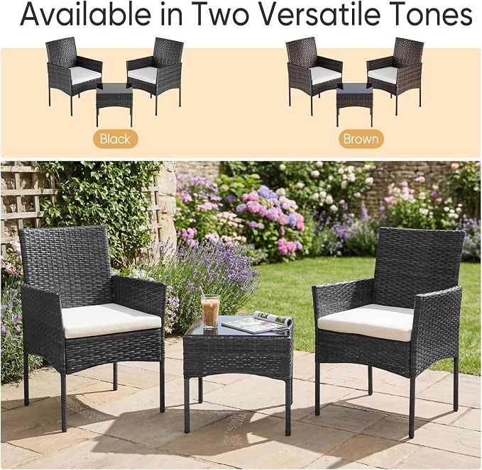 NEWBULIG 3-Piece Patio Furniture Set, Outdoor Wicker Rattan Chairs with Removable Cushion & Tempered Glass Table, Conversation Set Furniture for Porch, Balcony, Deck - Black
