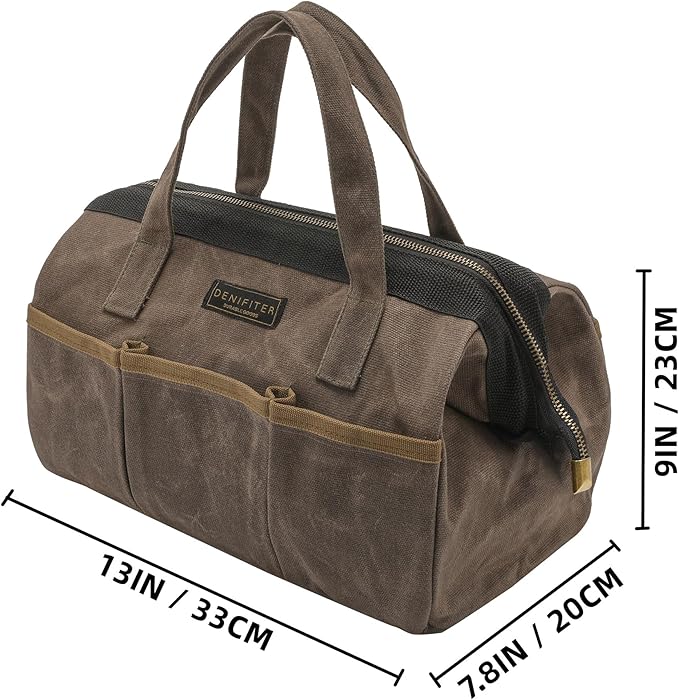 Tool Bag, 13-inch Heavy Duty 16oz Waxed Canvas Wide Mouth Water-Resistant Tool Pouch, Tool Tote with Handle for Tools, Wrenches, Screwdrivers (13 X 7.8 X 9 inch) | Grey