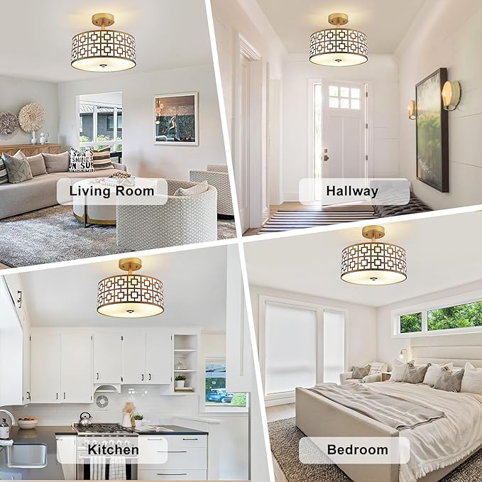 DLLT Flush Mount Ceiling Light: Modern 3-Light Semi Flush Mount Light Fixture - Drum Kitchen Lighting Fixture for Dining Room - Gold Bedroom Ceiling Lamp with Double Shade
