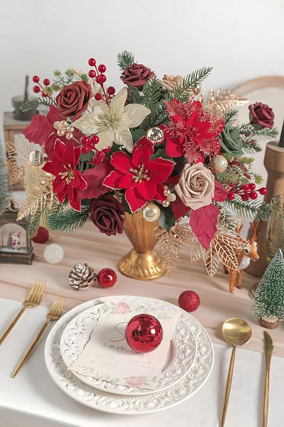 Christmas Flowers Artificial,Red Poinsettias Artificial Christmas Flowers and Greenery Deluxe Combo Set for DIY Tree Ornaments Xmas Wreath Floral Arrangements Centerpieces