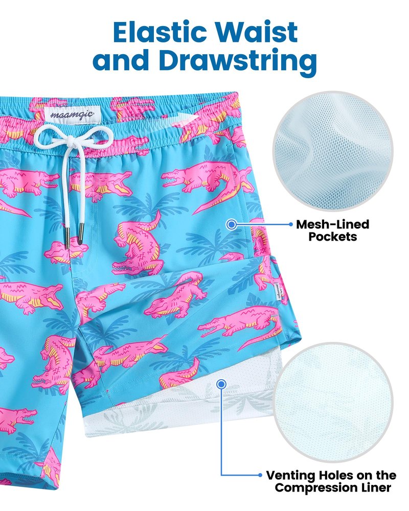 maamgic Mens Swim Trunks with Compression Liner 7 Inch Inseam Mens Bathing Suit Quick Dry Swimming Trunks Swimsuit Blue and Pink Crocodile Medium