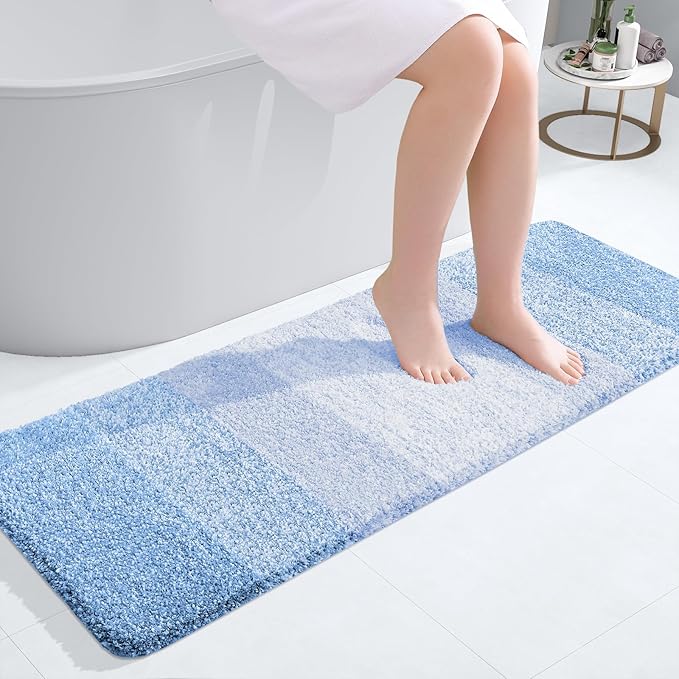 OLANLY Bathroom Rugs Mat 47x17, Extra Soft Absorbent Microfiber Bath Rugs, Rubber Backing, Quick Dry, Machine Washable Bath Mats for Bathroom Floor, Tub and Shower, Home Decor Accessories, Light Blue