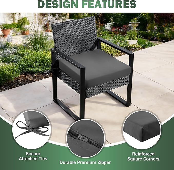 Outdoor Chair Cushions set of 4, 19x19x3 Inch Waterproof & Fade Resistant Patio Furniture Seat Cushions with Ties, Square Outdoor Dining Chair Cushions for Lawn, Garden, Deck & Yard, Dark Grey
