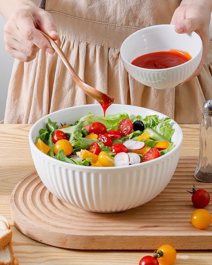Hasense Large Salad Bowls of 2, Porcelain 60 Oz Serving Bowl 8 Inch for Kitchen Dining,Elegant Ribbed White Ceramic Dishes for Party,Soup,Pho,Pasta,Cereal,Fruit - Dishwasher & Microwave Safe