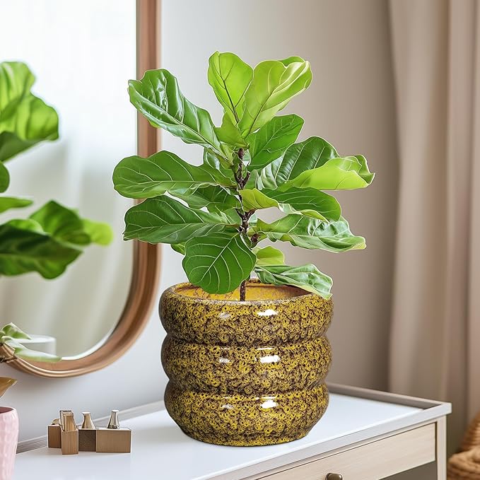 SQOWL Ceramic Planter - 8 Inch Indoor Plant Pot with Drainage Hole, Round Planter for Outdoor Plants, Ceramic Flower Pots, Bubble Planters, Home Room Porch Decor, Plant Lover Gifts, Yellow