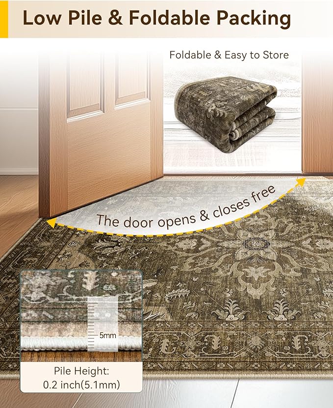 Area Rugs 3'x5' Washable Non-Slip, Floral Vintage Distress Print Pattern Medallion Carpet for Living Room Bedroom Dining Room, Brown Dark Brown