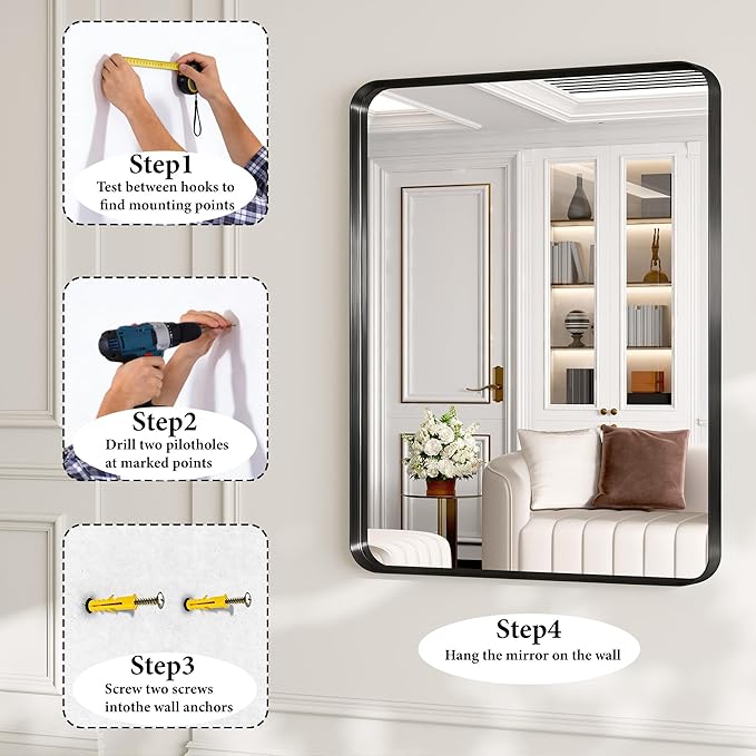 55X36 Inch Black Metal Framed Bathroom Mirror