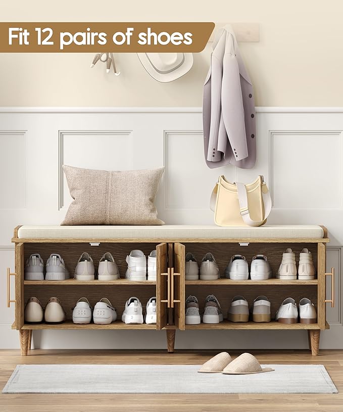 Rattan Shoe Storage Bench with Cushion, 2-Tier Entryway Bench with Adjustable Shelves and 4 Doors, 15" D x 47.2" W x 20" H, Solid Wood Legs, for Hallway, Living Room, Bedroom, Natural Oak