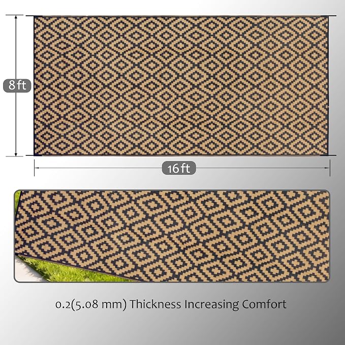 SAND MINE Reversible Mats, Plastic Straw Rug, Modern Area Rug, Large Floor Mat and Rug for Outdoors, RV, Patio, Backyard, Deck, Picnic, Beach, Trailer, Camping, Black & Brown, 8' x 16'