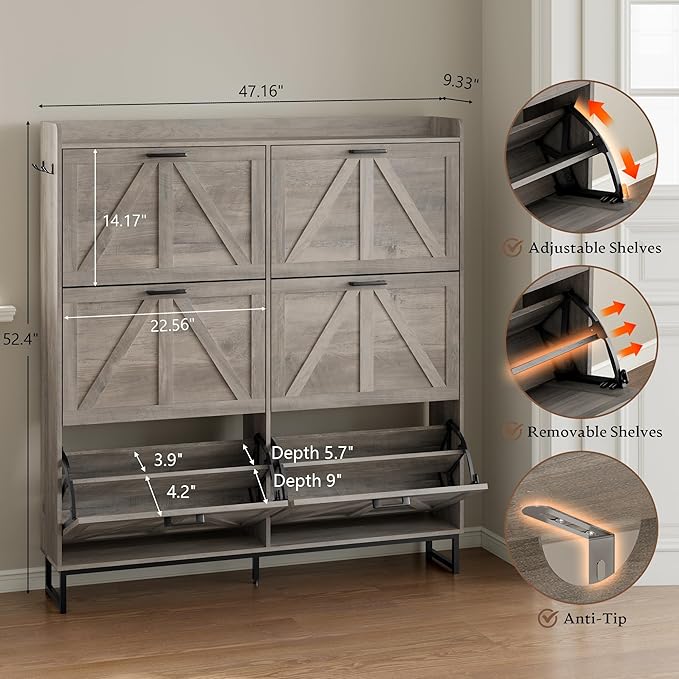Shoe Cabinet with 6 Flip Drawers Narrow Shoe Storage Cabinet Organizer Wooden Freestanding Shoe Rack Hidden Slim Shoes Storage Cabinet for Entryway, Hallway, Living Room, Bedroom