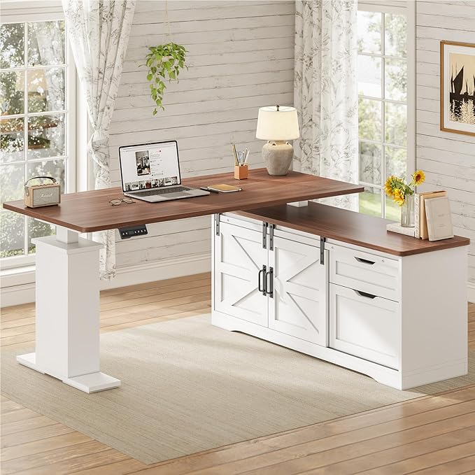 SEDETA Farmhouse L Shaped Standing Desk, 55 inch Height Adjustable Corner Desk with Storage Drawers, Standing Computer Desks with Power Outlets for Home Office, White