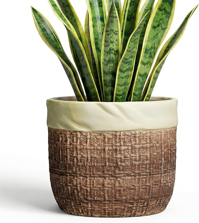 Ceramic Pots for Plants - 8 Inch Plant Pot Indoor with Drainage Hole, Round Planters for Indoor Outdoor Plants and Flowers, Decorative Boho Flower Pots, Room Decor, Housewarming Gifts, Brown